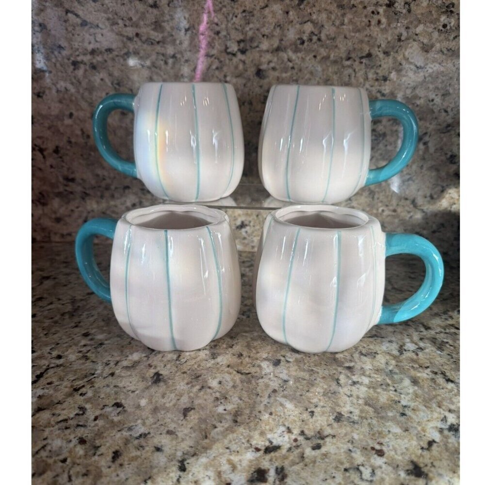 Royal Norfolk White & Teal Pumpkin Mugs 16 oz., Set Of 4 No Flaws No Chips
